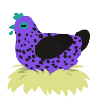 Tic, a blurple and sable chicken with a speckle pattern