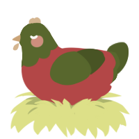 Fish, a red and olive chicken with a head pattern