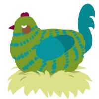 A chartreuse and teal chicken with a bar pattern