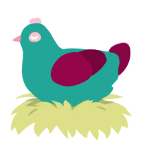 A turquoise and maroon chicken
