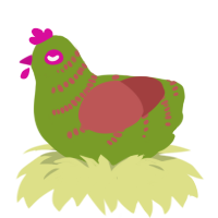 A chartreuse and red chicken with a half-bar pattern