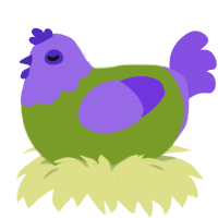 A chartreuse and blurple chicken with a head pattern