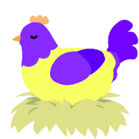 A lemon and blurple chicken with a head pattern