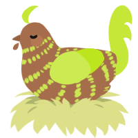 Chia Pet, a brown and lime chicken with a bar pattern