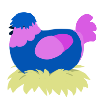 HARDCORE HEAVEN, a ultramarine and orchid chicken with a head pattern