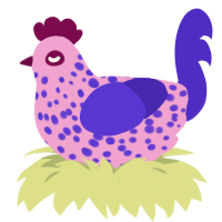 A pink and indigo chicken with a speckle pattern