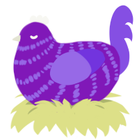 A violet and blurple chicken with a bar pattern
