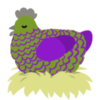 A chartreuse and violet chicken with a lace pattern