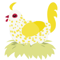 A white and yellow chicken with a speckle pattern