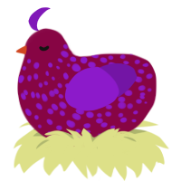 A maroon and violet chicken with a speckle pattern