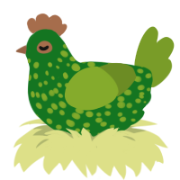 A leaf and chartreuse chicken with a speckle pattern