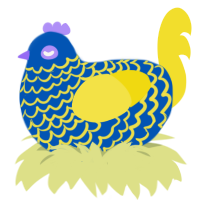 glitter glue, a ultramarine and yellow chicken with a lace pattern