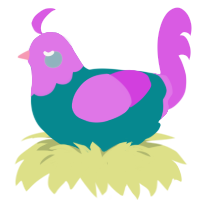 Bagel, a teal and orchid chicken with a head pattern