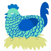 A mint and ultramarine chicken with a lace pattern