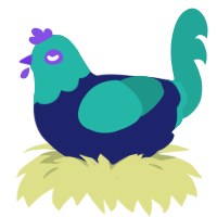 All Seeing, a navy and turquoise chicken with a head pattern