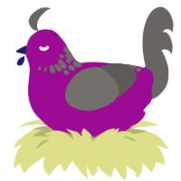 A plum and grey chicken with a neck-speckle pattern