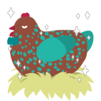 A russet and turquoise chicken with a speckle pattern