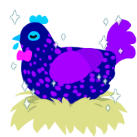 Gerard, a navy and violet chicken with a speckle pattern