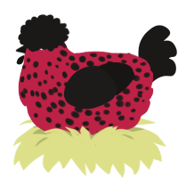 A crimson and sable chicken with a speckle pattern
