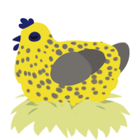 falling rocks, a yellow and grey chicken with a speckle pattern