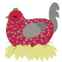 A crimson and ash chicken with a speckle pattern