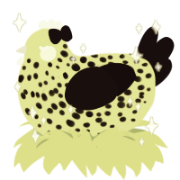 林檎, a lemon and black chicken with a speckle pattern