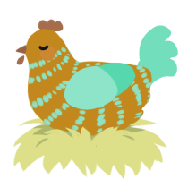 A ochre and mint chicken with a bar pattern