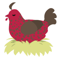 A crimson and bark chicken with a speckle pattern