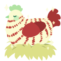 A white and crimson chicken with a bar pattern