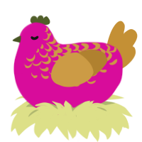 Eos, a fuchsia and gold chicken with a half-lace pattern