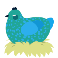 A turquoise and sky chicken with a speckle pattern