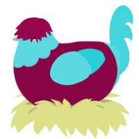 A maroon and aqua chicken with a head pattern