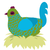 A chartreuse and cerulean chicken with a lace pattern