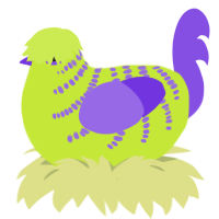 A lime and blurple chicken with a half-bar pattern