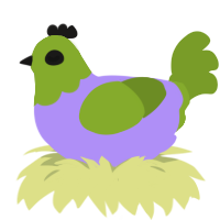 A lilac and chartreuse chicken with a head pattern