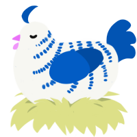 A white and ultramarine chicken with a half-bar pattern