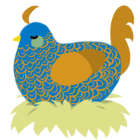 A sapphire and ochre chicken with a double-lace pattern