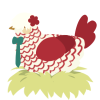 A white and crimson chicken with a lace pattern