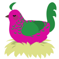 A fuchsia and viridian chicken with a half-lace pattern