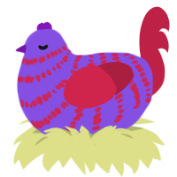 A blurple and crimson chicken with a bar pattern