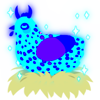 Evil, a teal and blurple chicken with a speckle pattern