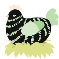 A black and gluppy chicken with a bar pattern