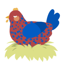 A red and ultramarine chicken with a speckle pattern