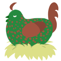 A viridian and russet chicken with a speckle pattern