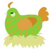Avocado, a grass and orange chicken with a bar pattern