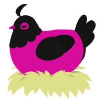 Feminist, a fuchsia and black chicken with a head pattern
