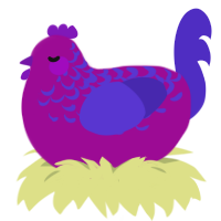 Disco ball, a plum and indigo chicken with a half-lace pattern