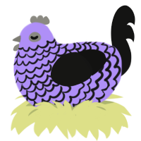 A lilac and black chicken with a lace pattern