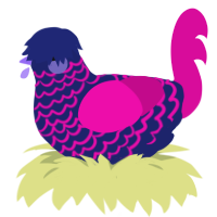 LED, a navy and fuchsia chicken with a lace pattern