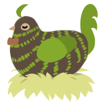 Kiwi, a bark and chartreuse chicken with a bar pattern